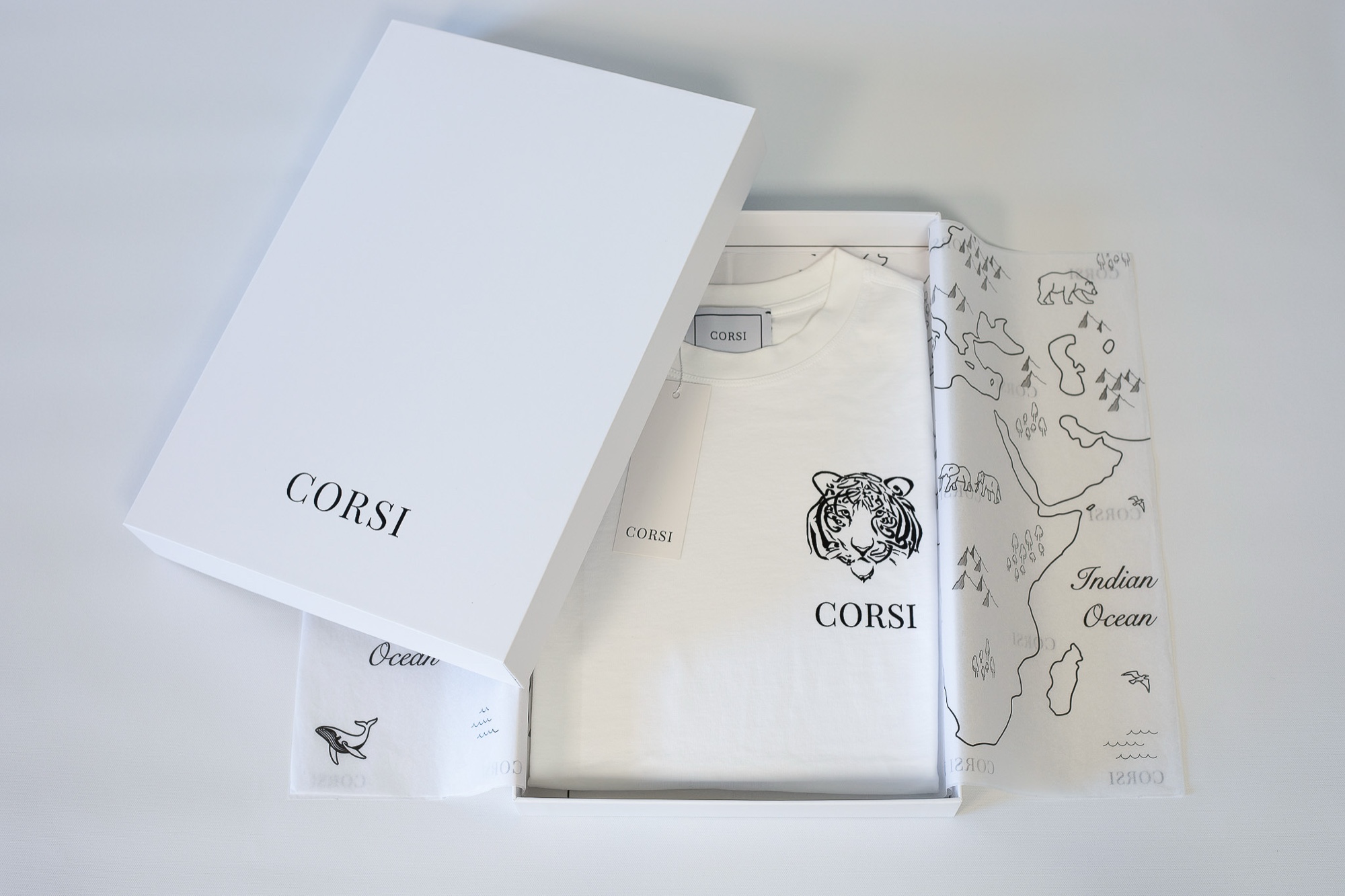 Corsi packaging, matte white box with tissue paper